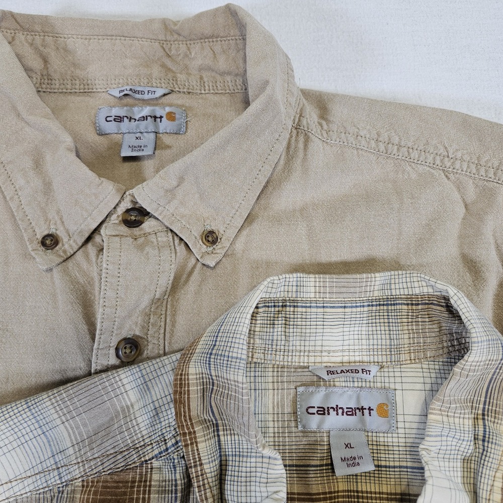 Lot of 2‎ Carhartt Shirt Mens XL Brown Plaid Tan Short Sleeve Button up Workwear